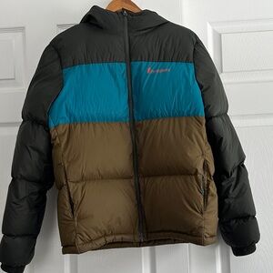 Cotopaxi Green Teal Olive Colorblock Hooded Puffer Jacket